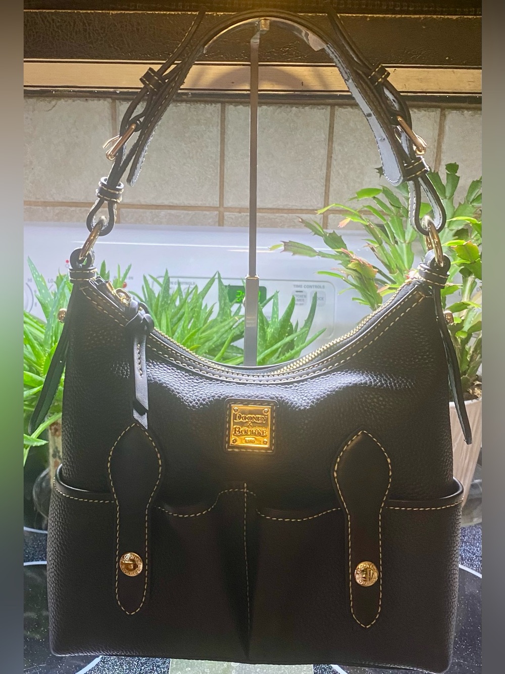 Dooney & Bourke Pebble Grain Black Leather Small Lucy Dual Front Snap Pockets
